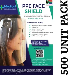 500 Pack Medical Distributors Personal Protection (PPE) Face Shields For Direct Splash Protection (R30 per unit)