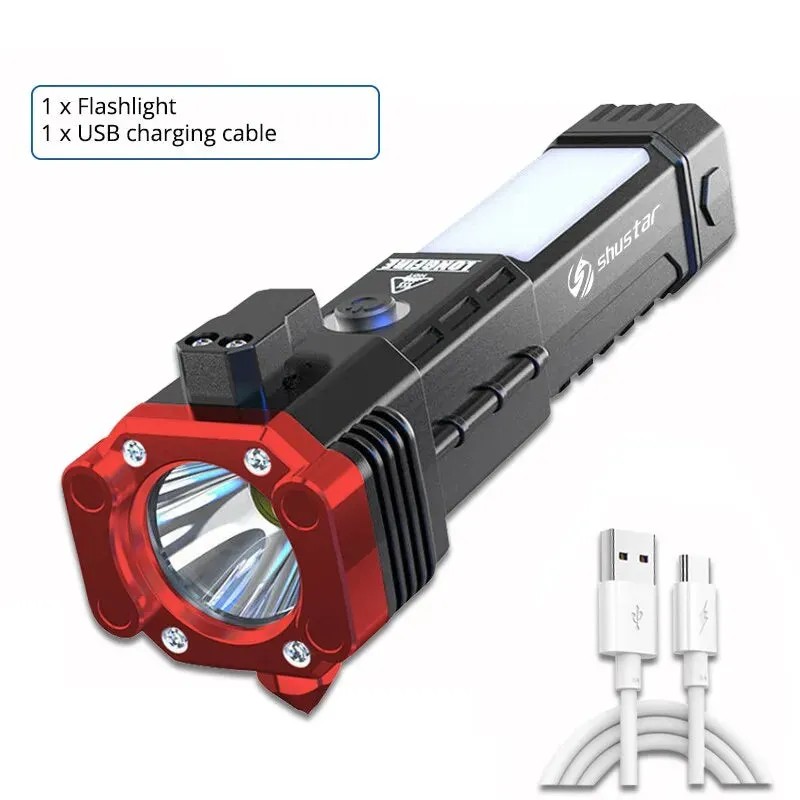 COB Flashlight LED With Side Light Safety Hammer Lifesaving USB Charging With Magnet Multi-functional Flashlight