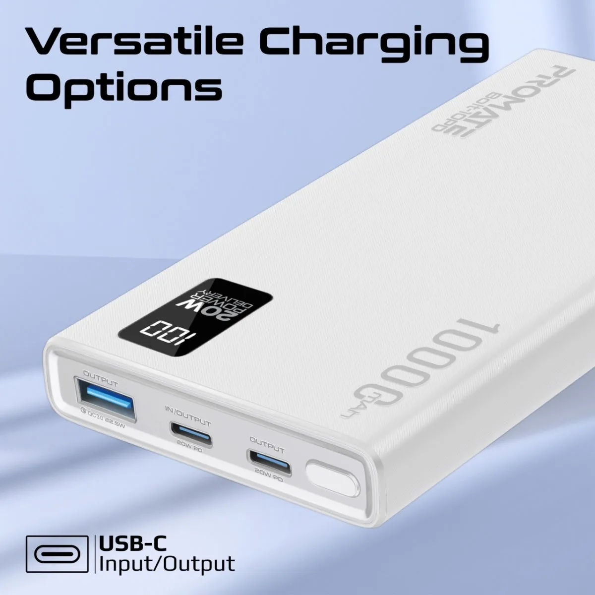 Compact Smart Charging Power Bank with 20W PD Dual USB-C and 22.5W USB-A Ports