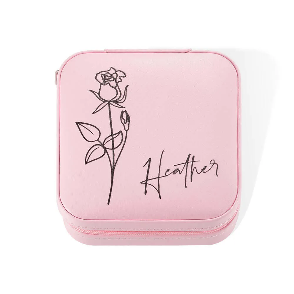 Custom Name Birth Flower Zippered Jewelry Travel Case