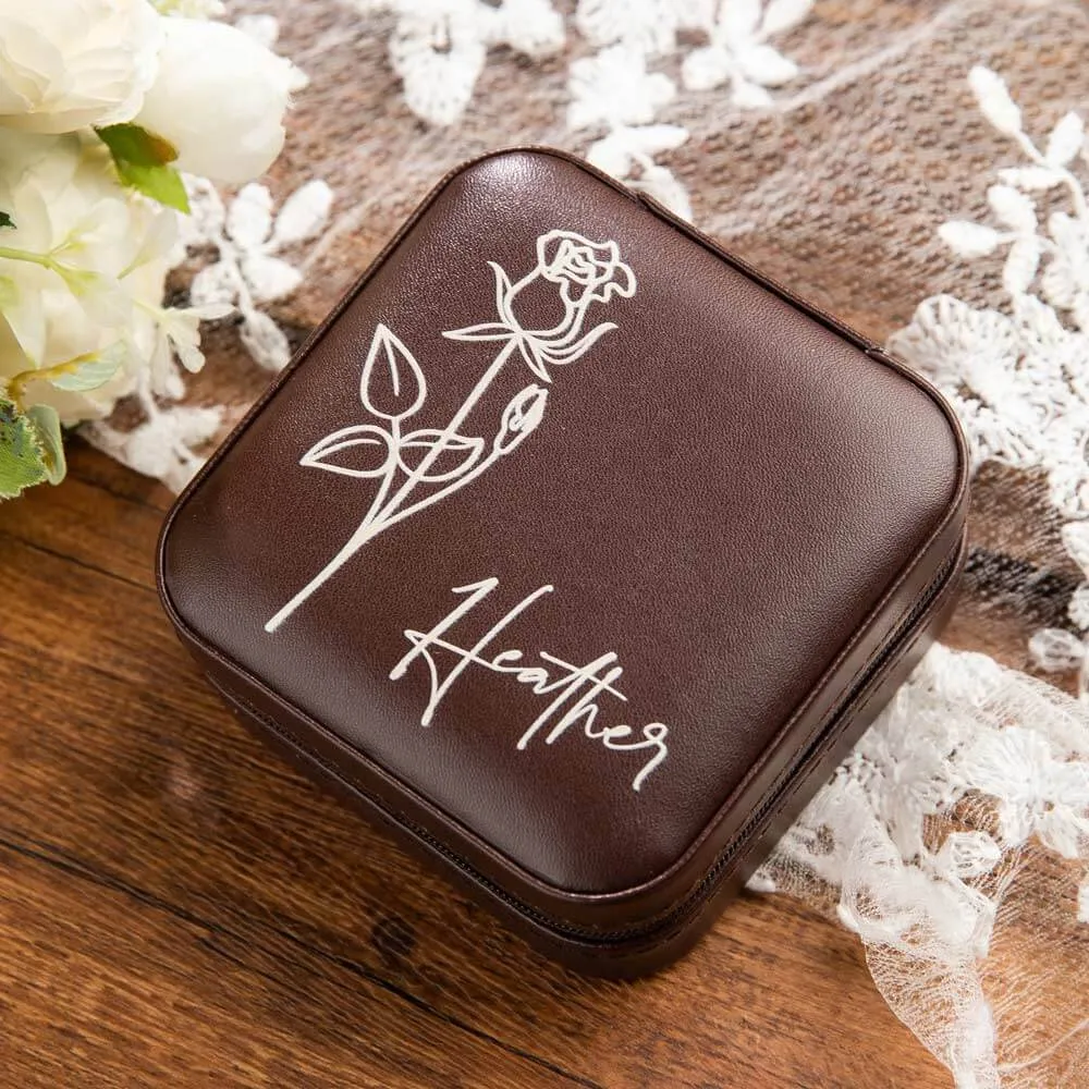 Custom Name Birth Flower Zippered Jewelry Travel Case