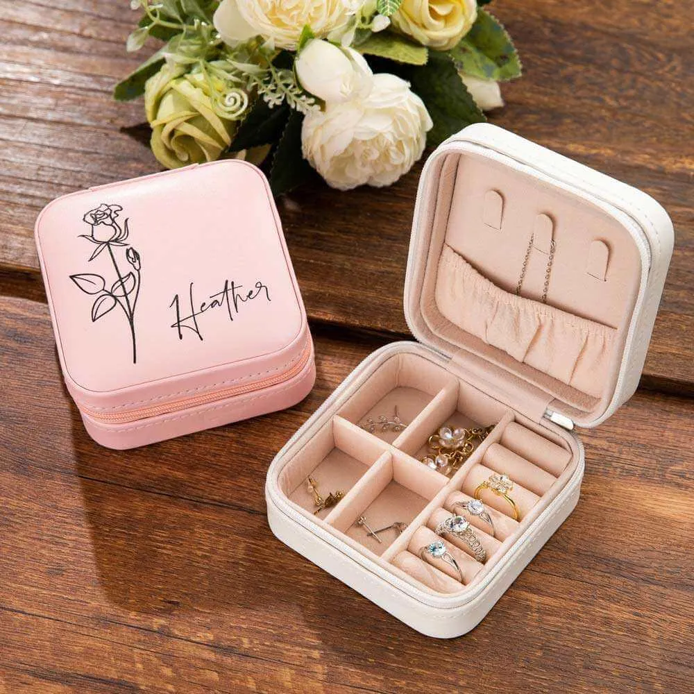 Custom Name Birth Flower Zippered Jewelry Travel Case