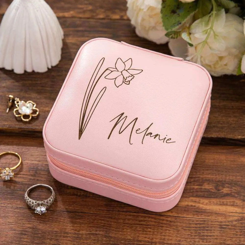 Custom Name Birth Flower Zippered Jewelry Travel Case