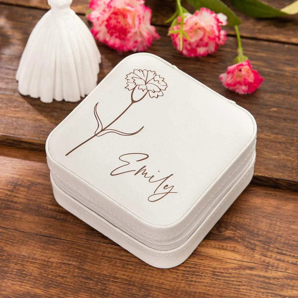 Custom Name Birth Flower Zippered Jewelry Travel Case