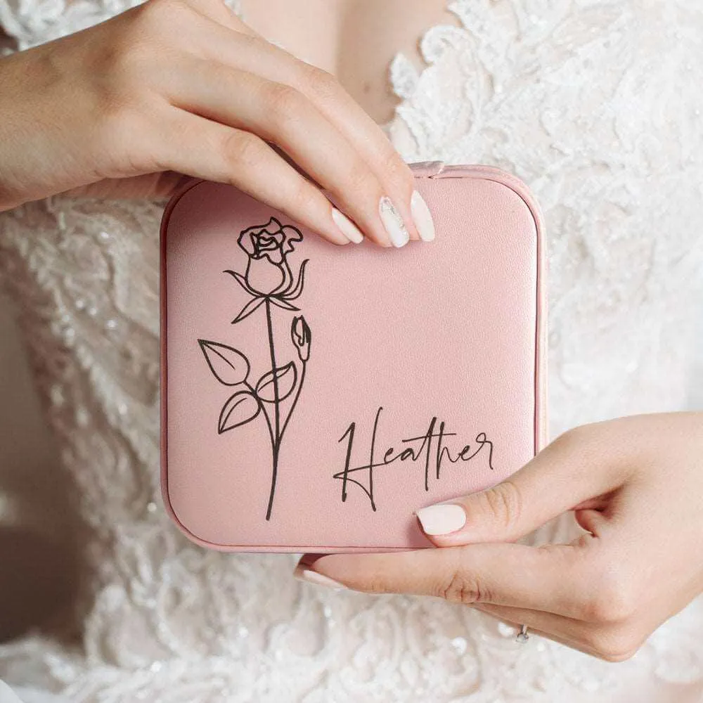 Custom Name Birth Flower Zippered Jewelry Travel Case