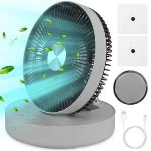 Foldable Rechargeable LED Desk Fan - Wall Mounted, Magnetic Remote, 4 Speeds, 2 Brightness, Time Setting