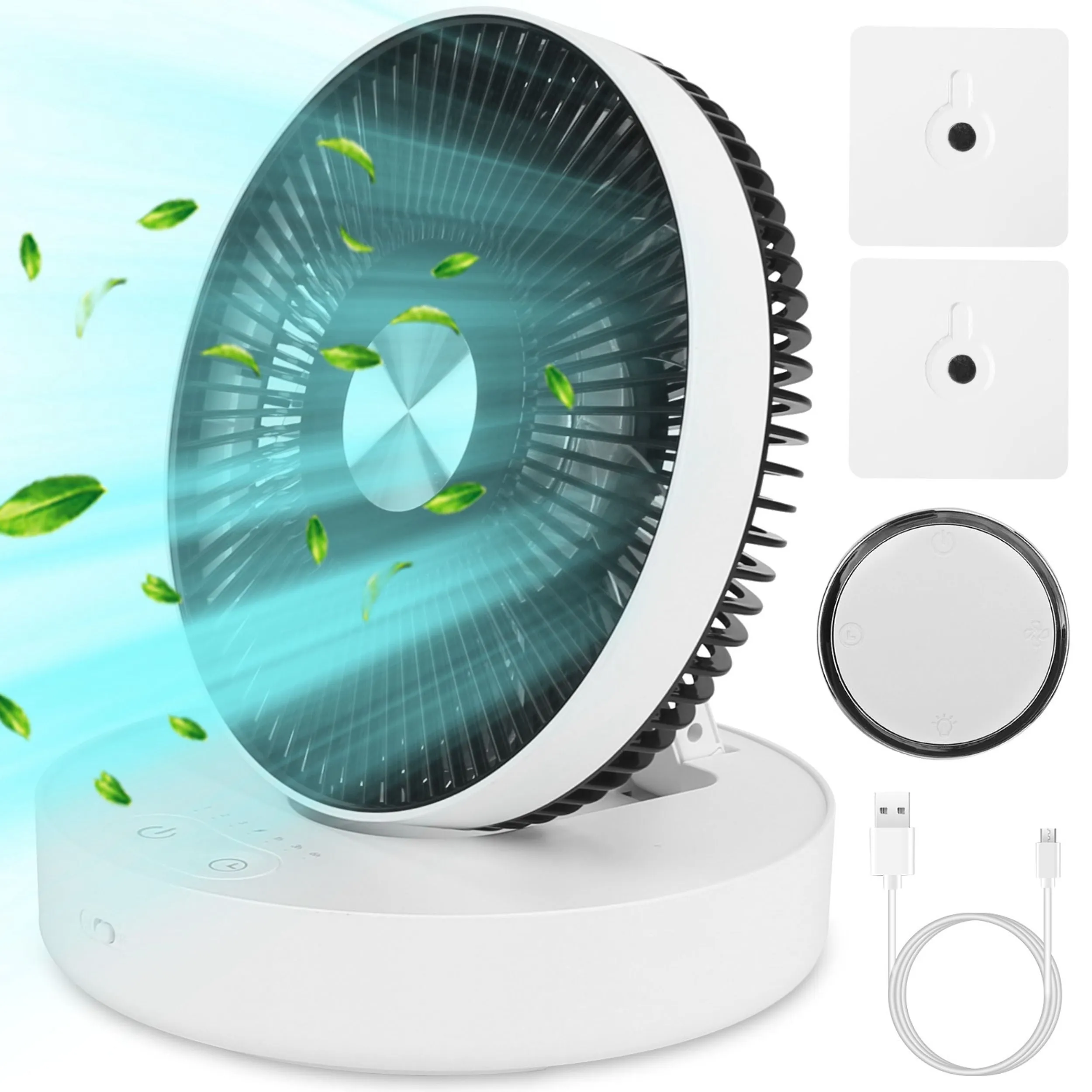 Foldable Rechargeable LED Desk Fan - Wall Mounted, Magnetic Remote, 4 Speeds, 2 Brightness, Time Setting