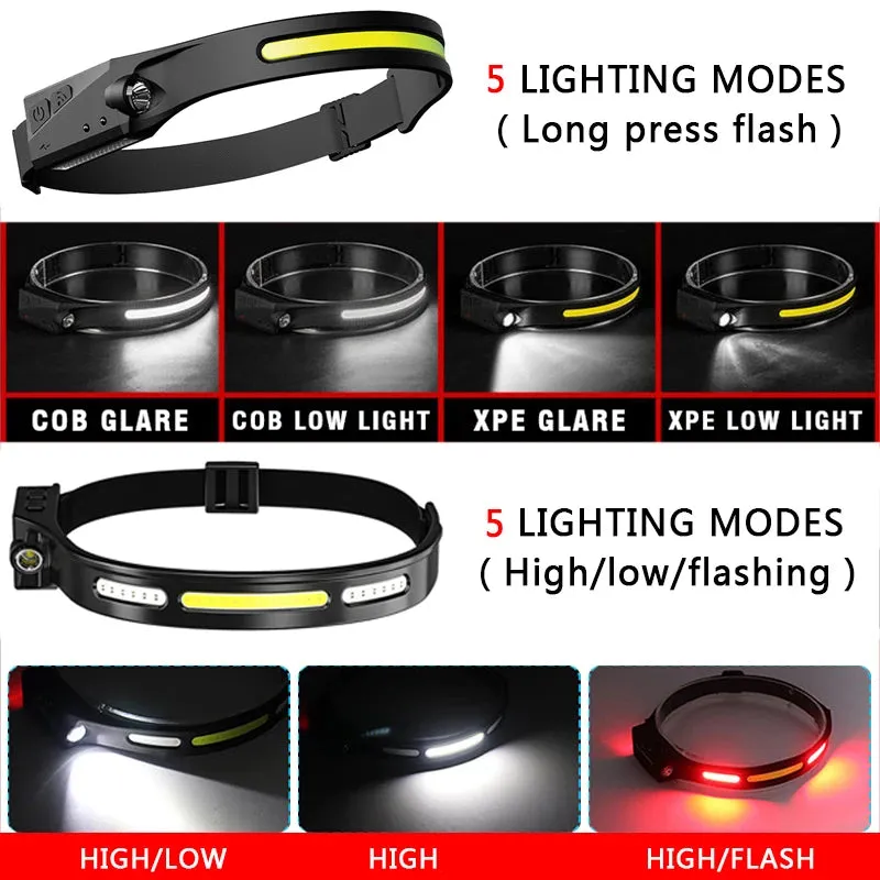 LED Multifunctional Wave Induction Rechargeable Head Lamp COB Outdoor Adventure Fishing Night Running Strong Light Head Lamp