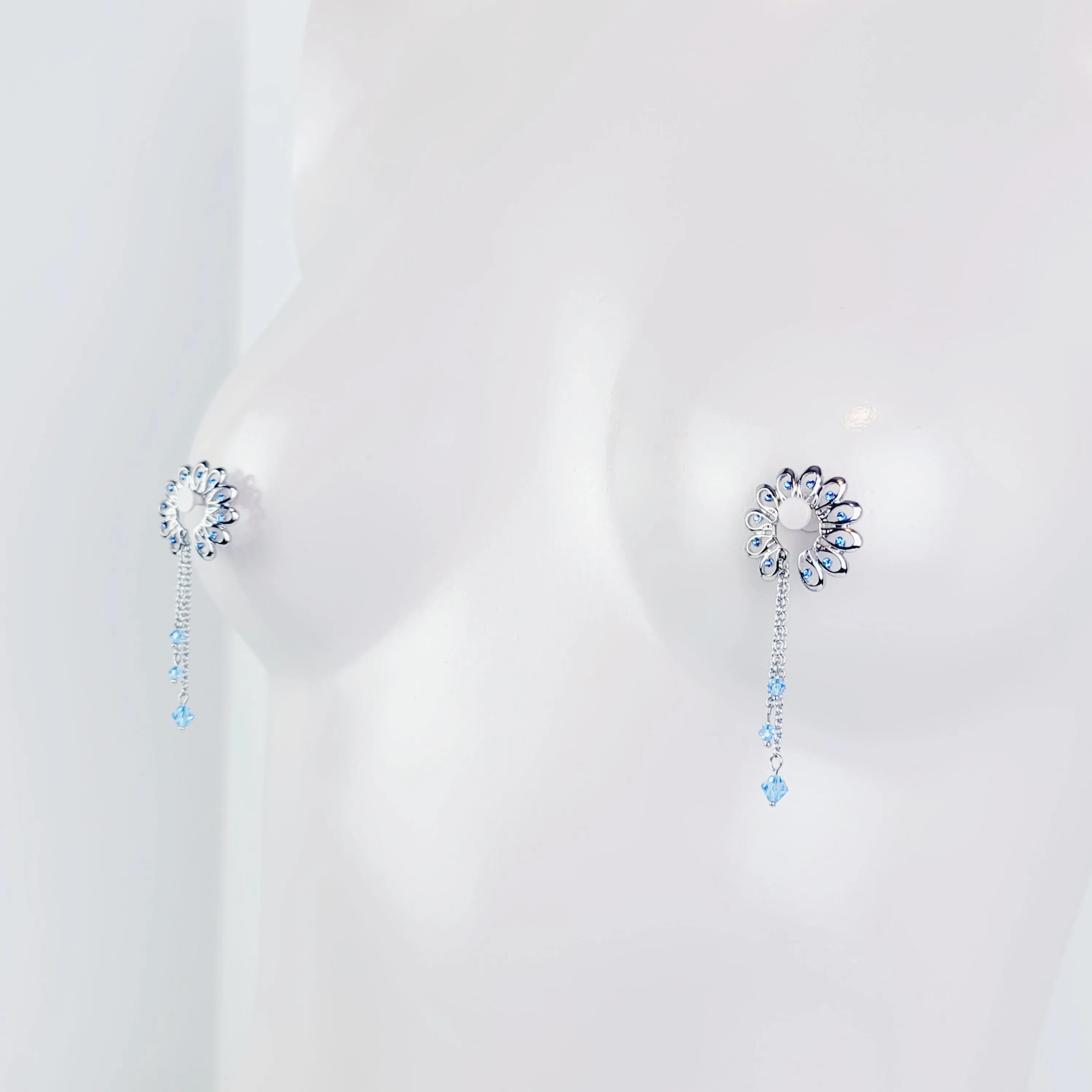 Nipple Shields with Blue Crystals and chain Dangles, Non Piercing Nipple Rings. MATURE, BDSM, Erotic Body Jewelry for Women