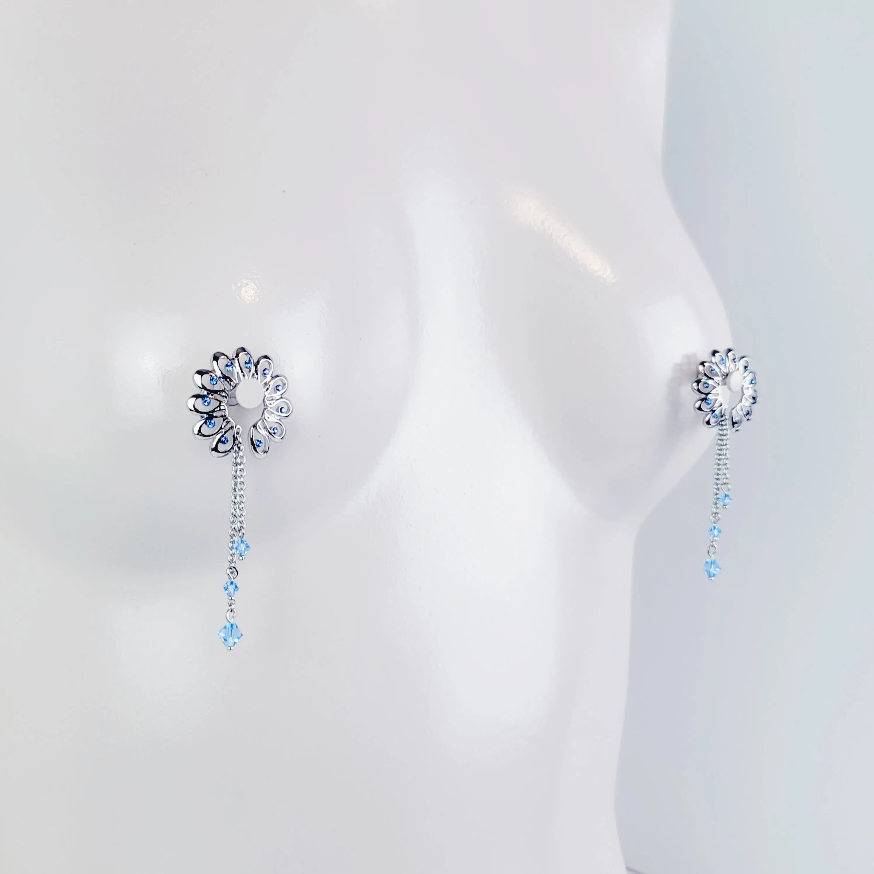 Nipple Shields with Blue Crystals and chain Dangles, Non Piercing Nipple Rings. MATURE, BDSM, Erotic Body Jewelry for Women