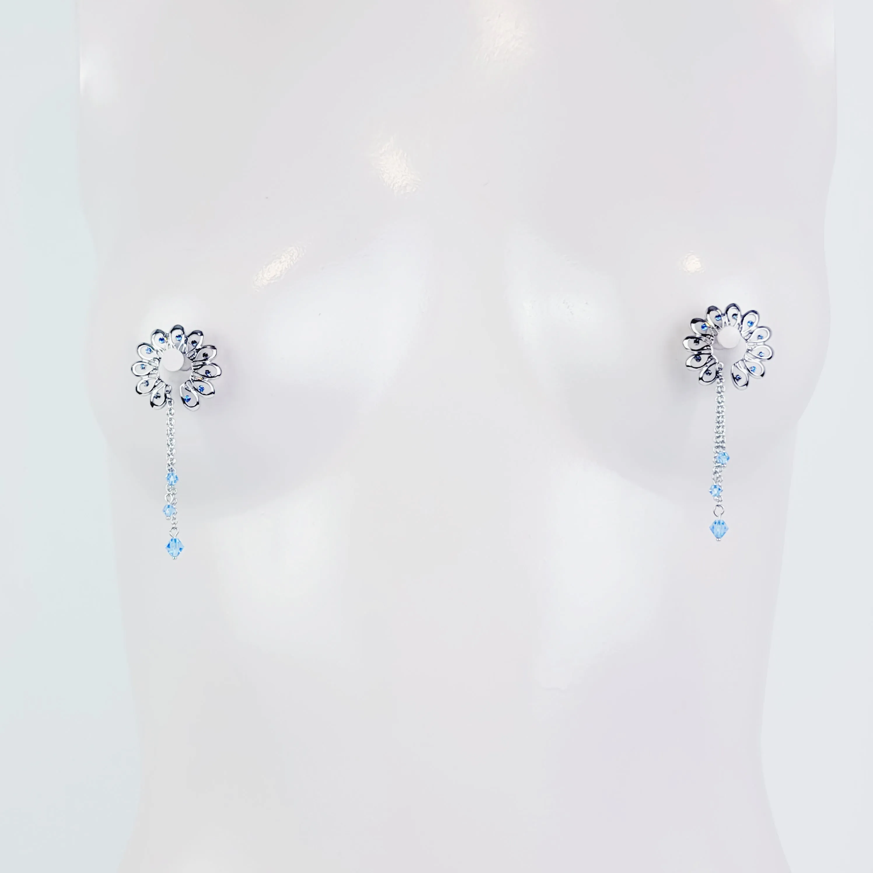 Nipple Shields with Blue Crystals and chain Dangles, Non Piercing Nipple Rings. MATURE, BDSM, Erotic Body Jewelry for Women