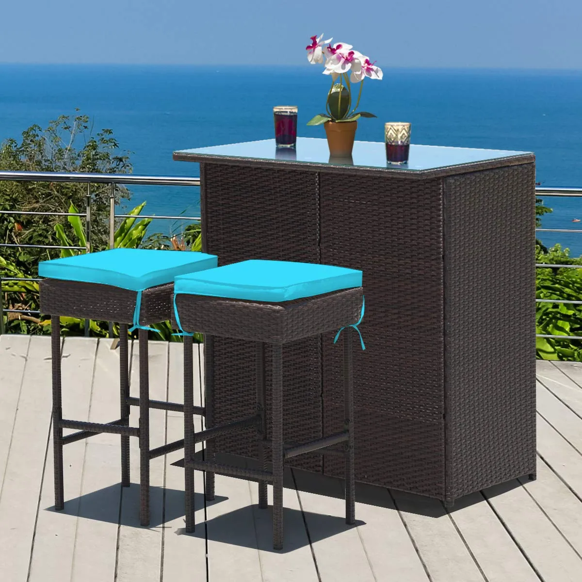 Patio Bar Set, 3 Piece Outdoor Rattan Wicker Bar Set with 2 Cushions Stools & Glass Top Table