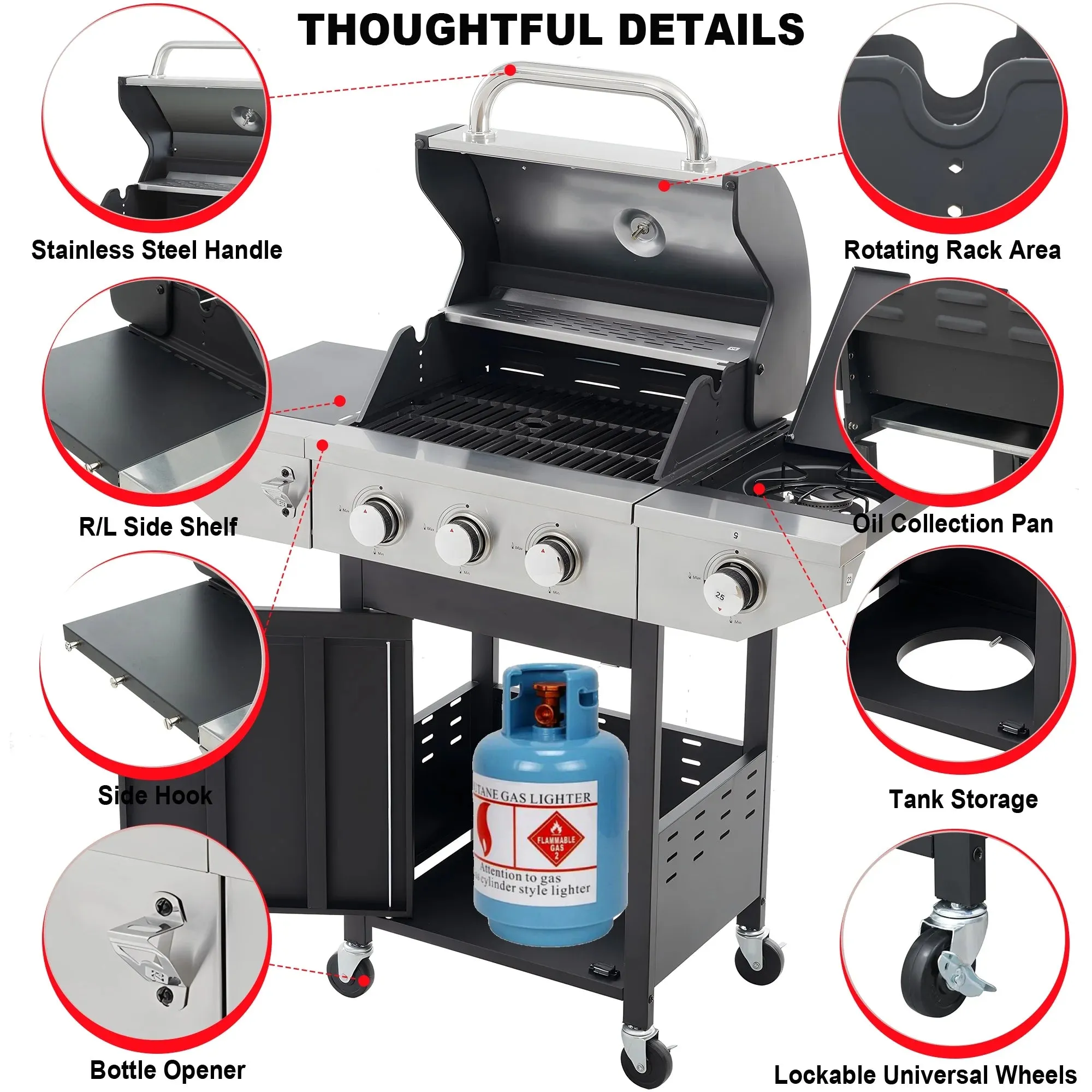 Seizeen Gas Grill with Side Burner, 37,150BTU 3 Burner Propane Grill Outdoor BBQ