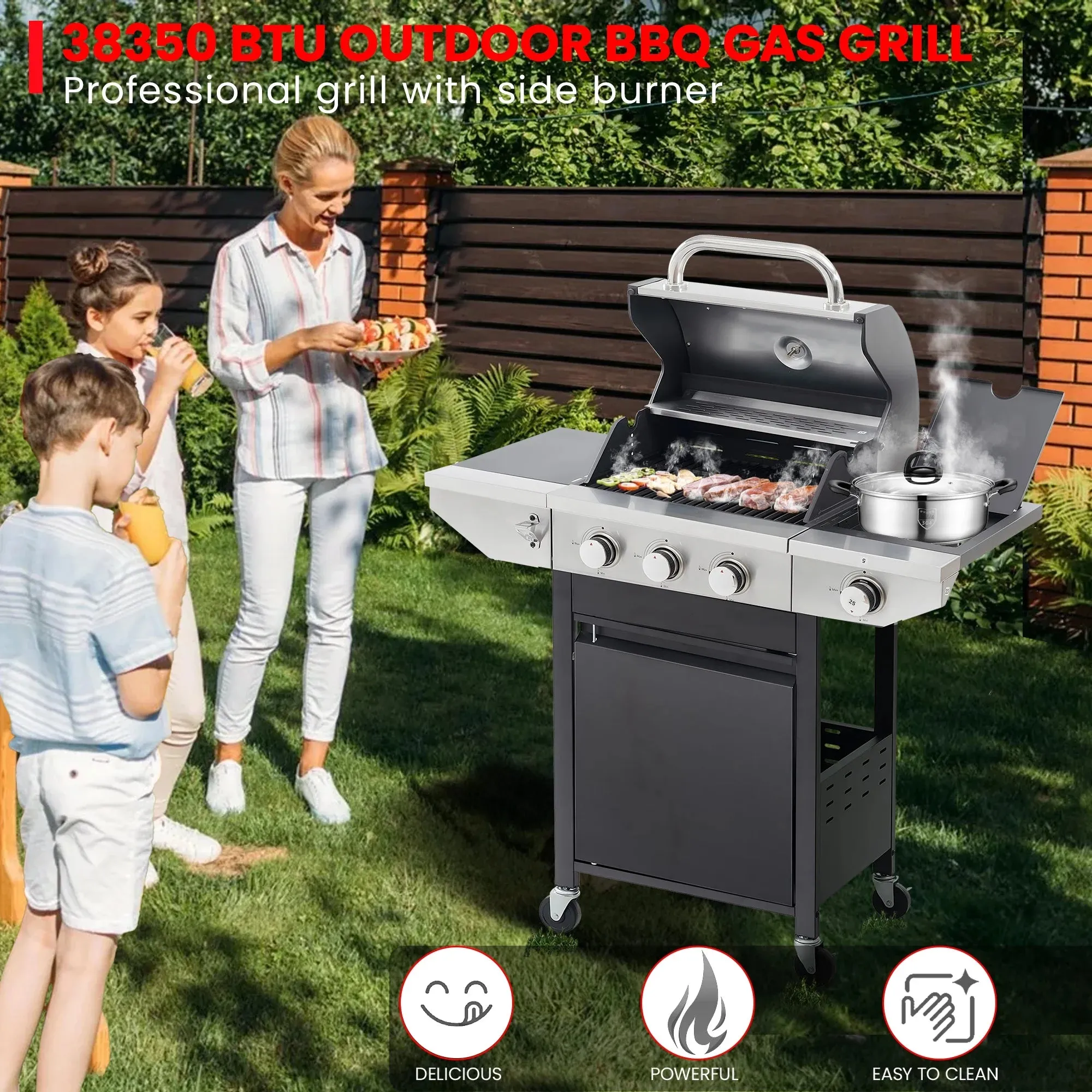Seizeen Gas Grill with Side Burner, 37,150BTU 3 Burner Propane Grill Outdoor BBQ