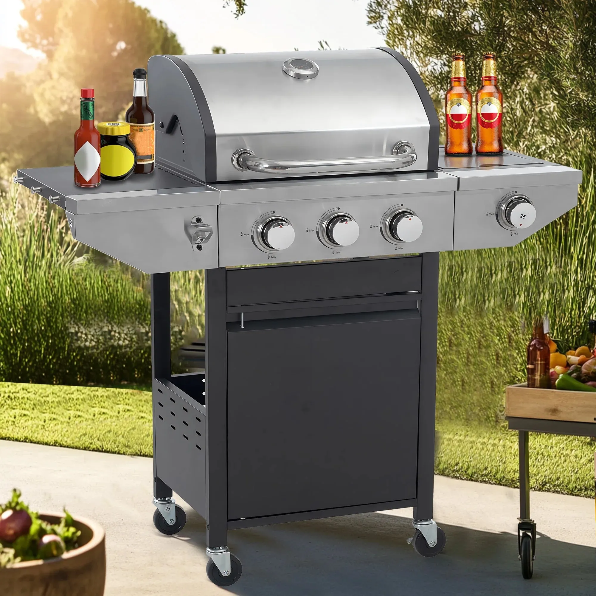 Seizeen Gas Grill with Side Burner, 37,150BTU 3 Burner Propane Grill Outdoor BBQ