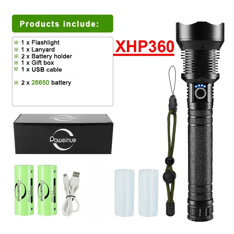 Super High Power XHP 360 Ultra Powerful Rechargeable Strong  Flashlight Led Usb Charging Led Lanterna Hand Torch 18650/26650