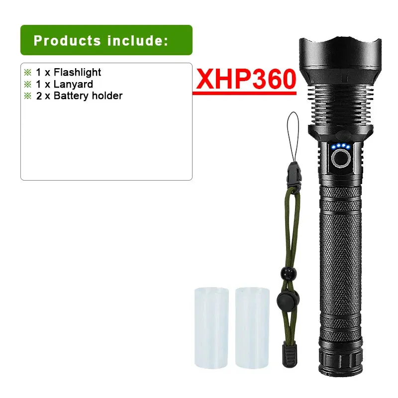 Super High Power XHP 360 Ultra Powerful Rechargeable Strong  Flashlight Led Usb Charging Led Lanterna Hand Torch 18650/26650