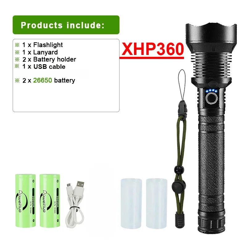 Super High Power XHP 360 Ultra Powerful Rechargeable Strong  Flashlight Led Usb Charging Led Lanterna Hand Torch 18650/26650
