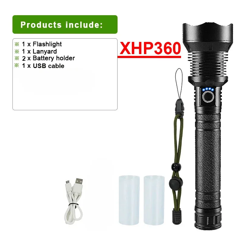 Super High Power XHP 360 Ultra Powerful Rechargeable Strong  Flashlight Led Usb Charging Led Lanterna Hand Torch 18650/26650