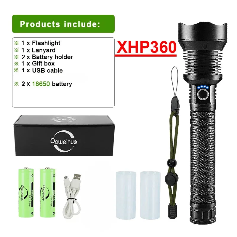 Super High Power XHP 360 Ultra Powerful Rechargeable Strong  Flashlight Led Usb Charging Led Lanterna Hand Torch 18650/26650