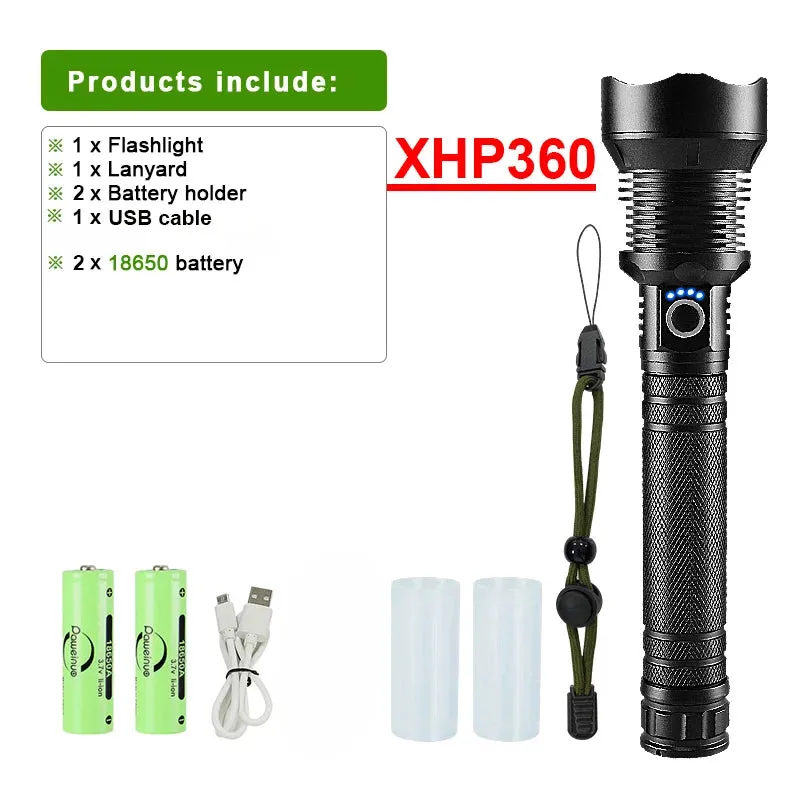 Super High Power XHP 360 Ultra Powerful Rechargeable Strong  Flashlight Led Usb Charging Led Lanterna Hand Torch 18650/26650