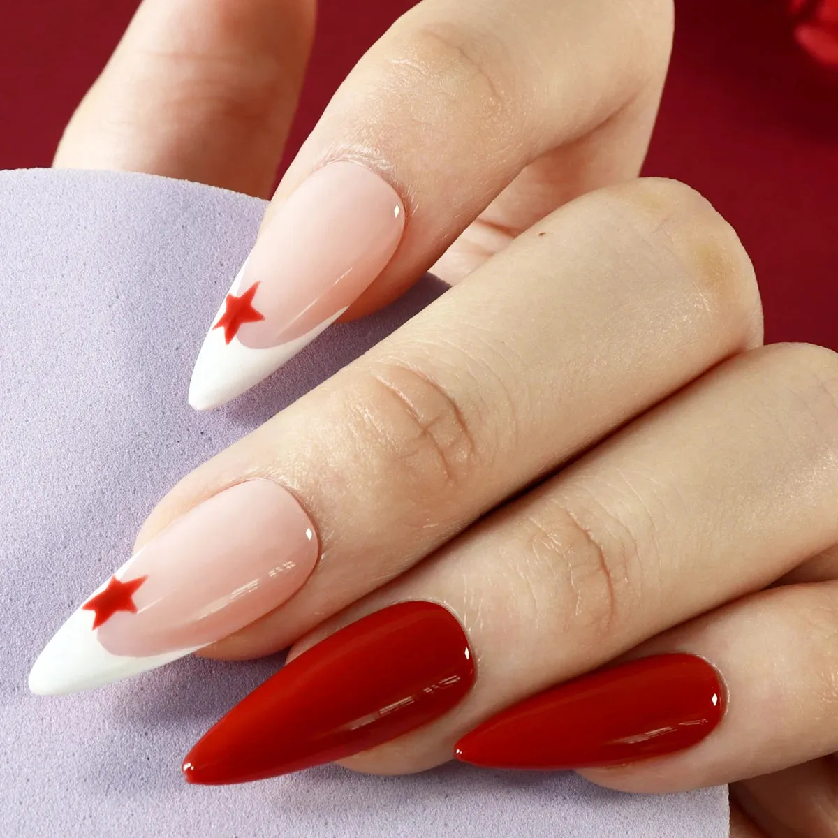 TEEK - 10 Red Glossy Hand Painted Star Almond Press On False Nails