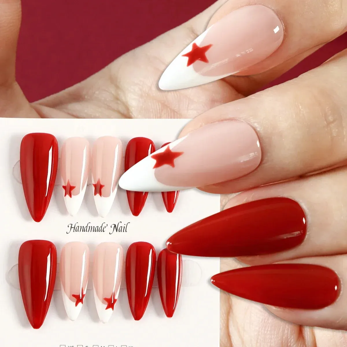 TEEK - 10 Red Glossy Hand Painted Star Almond Press On False Nails