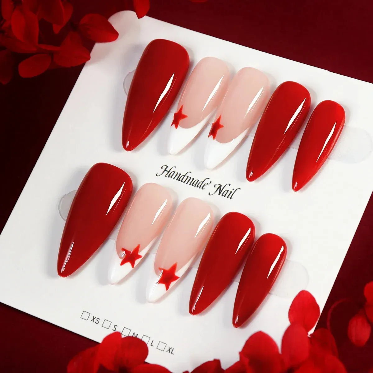 TEEK - 10 Red Glossy Hand Painted Star Almond Press On False Nails