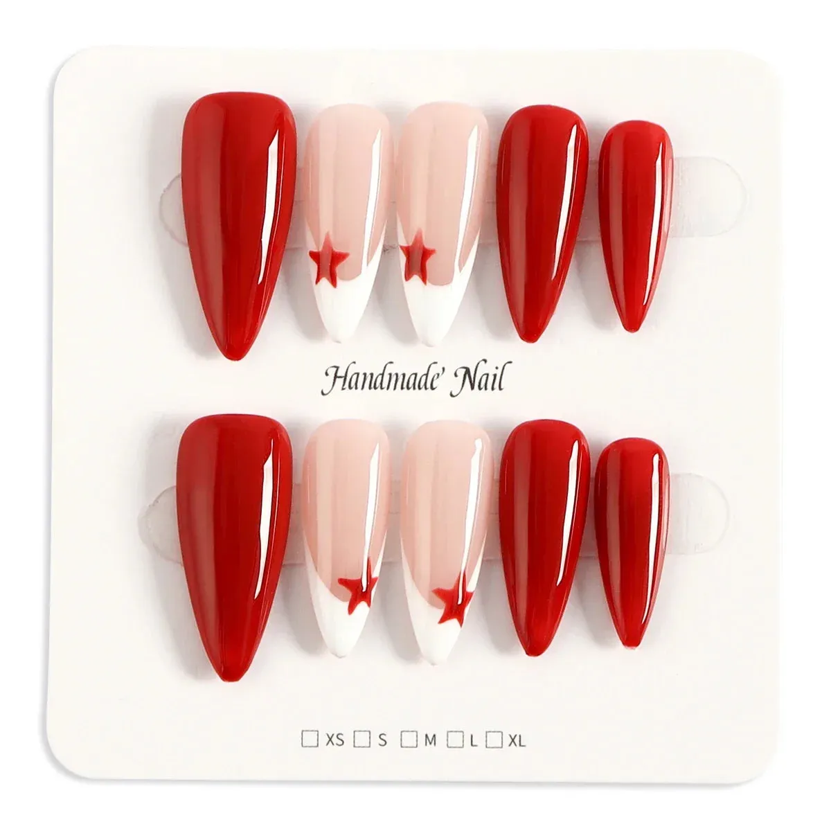 TEEK - 10 Red Glossy Hand Painted Star Almond Press On False Nails