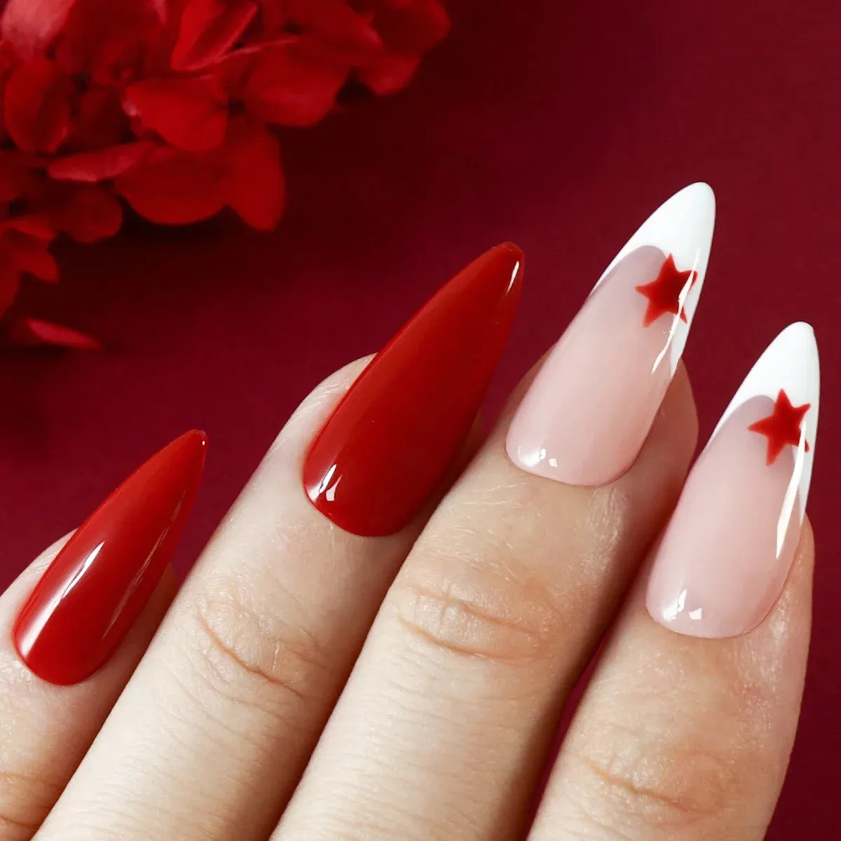 TEEK - 10 Red Glossy Hand Painted Star Almond Press On False Nails