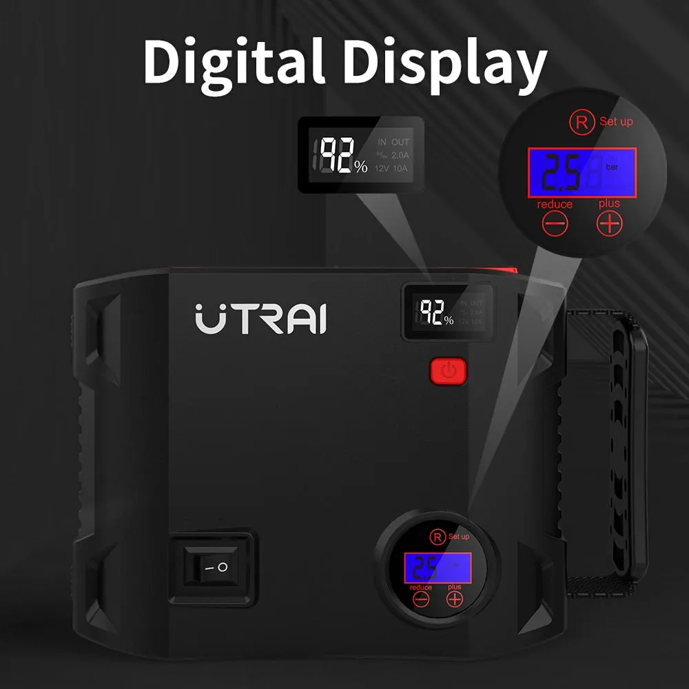 UTRAI 4 In 1 2000A Jump Starter Power Bank 150PSI Air Compressor Tire Pump Portable Charger Car Booster Starting Device